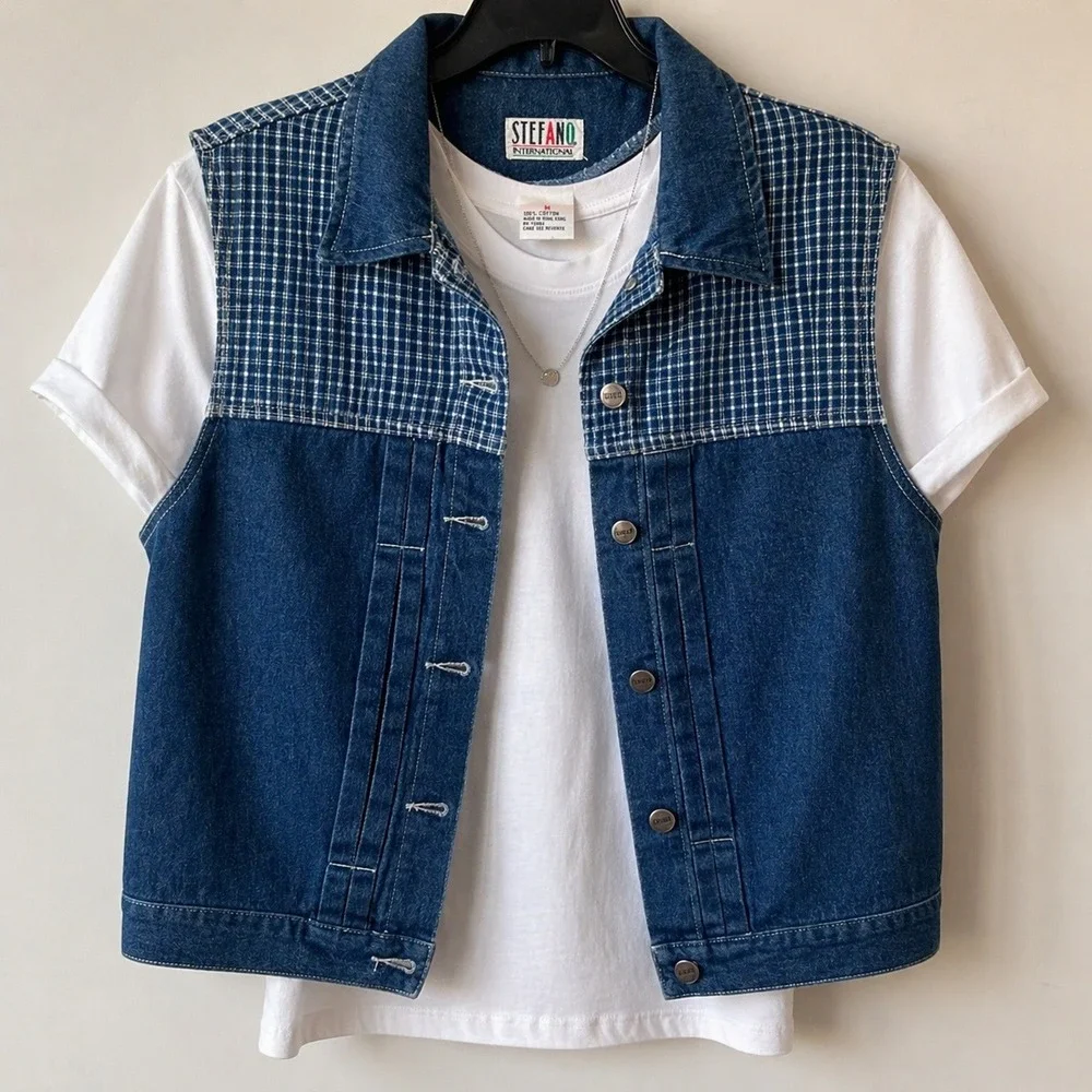 Stefano International Vintage Denim Vest Size M Blue Plaid Yoke 90s Utility‎